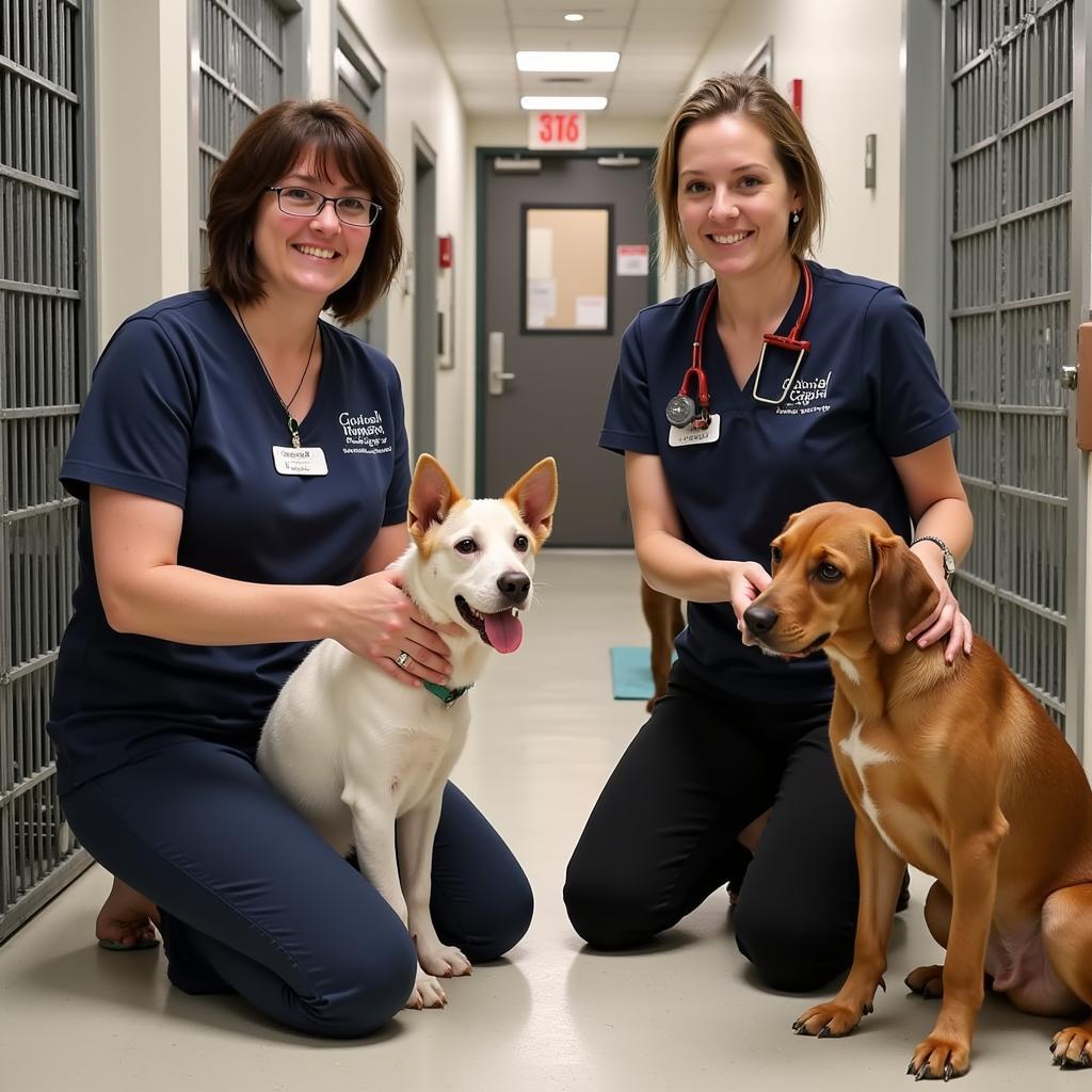 Animal shelter volunteers caring for cats and dogs