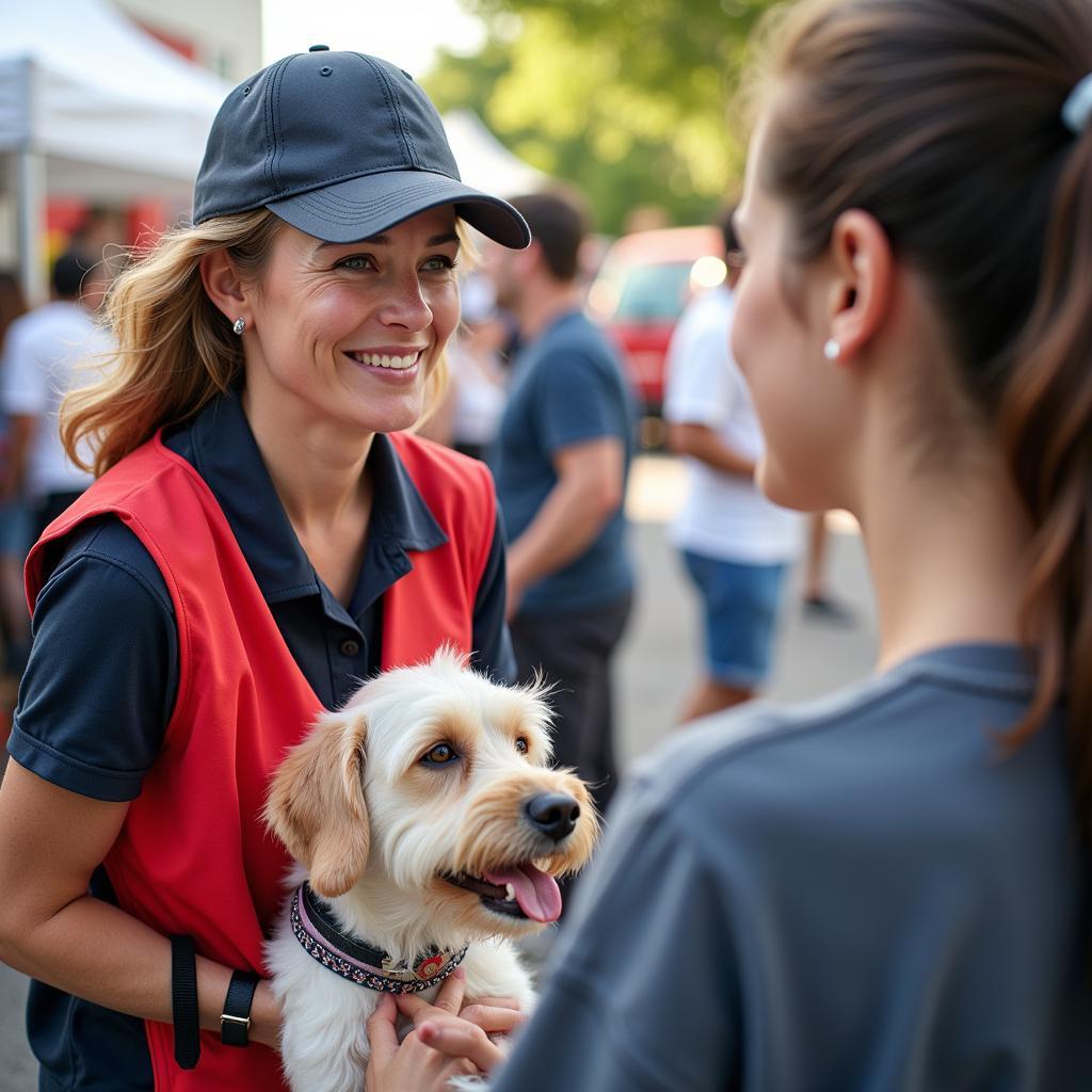 A friendly volunteer assists a customer at the Colonial Capital Humane Society Flea Market, highlighting the dedication and passion of those involved.