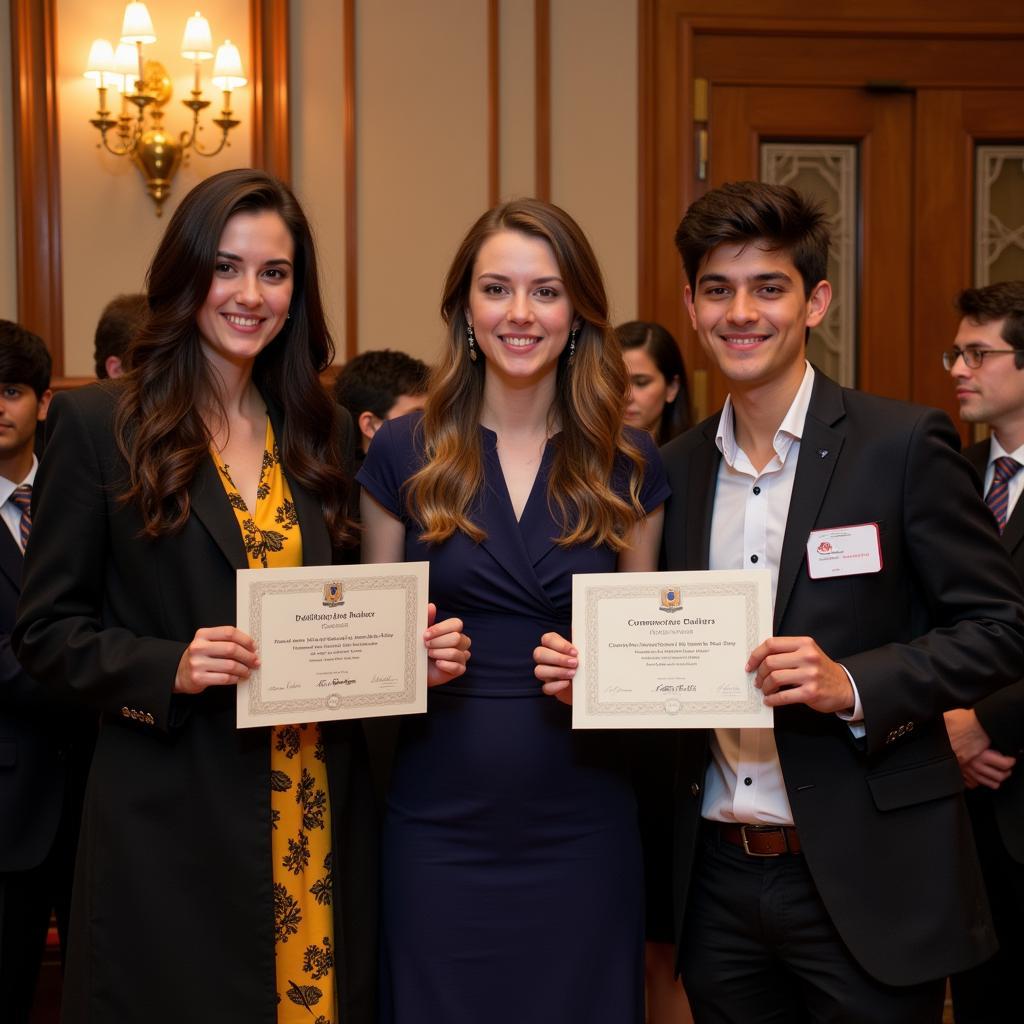 Students receiving awards at a Communications Honor Society induction ceremony