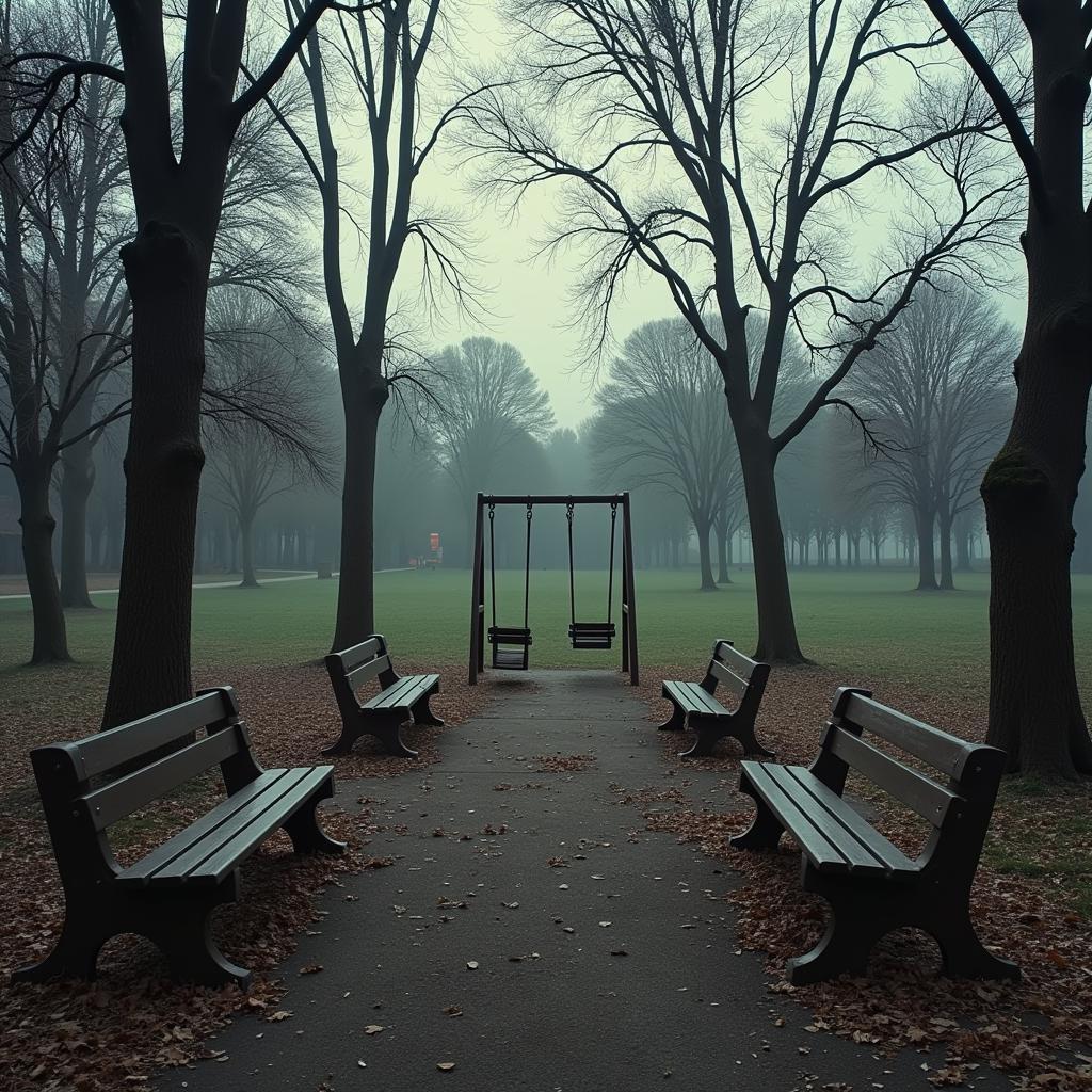 Empty park benches with nobody interacting, symbolizing the decline in community engagement.