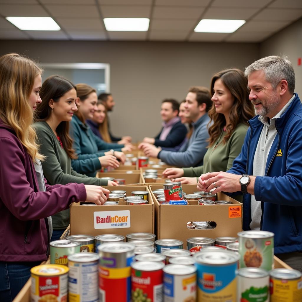 Volunteers organize donated food at community food drive