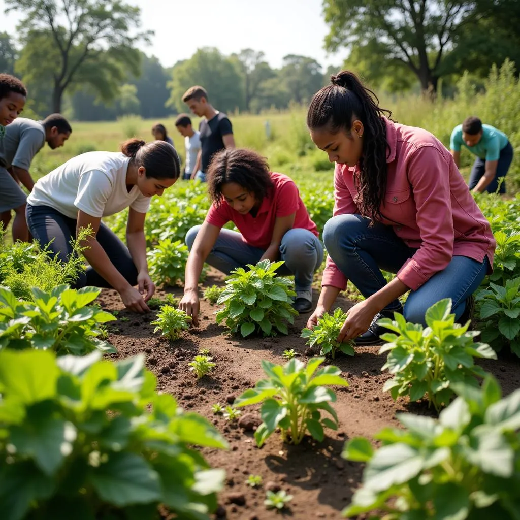 A diverse group of people tending to a community garden, fostering a sense of shared responsibility for the environment