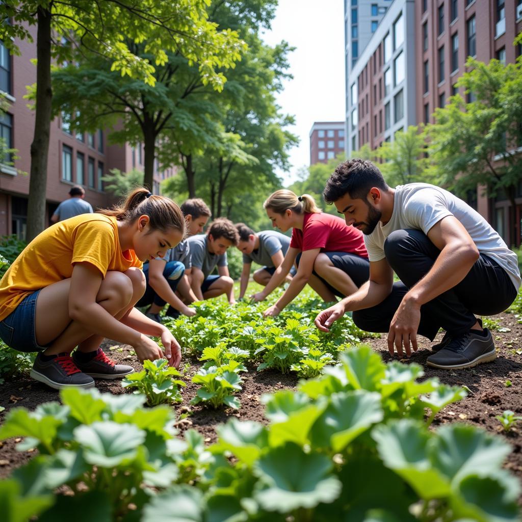 People working together in a community garden as a symbol of urban renewal and hope.