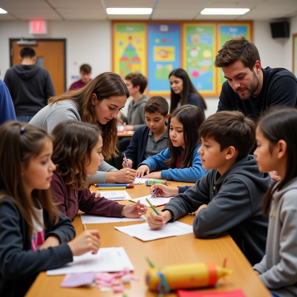 Volunteers engage with young people at a community center, offering support and guidance.