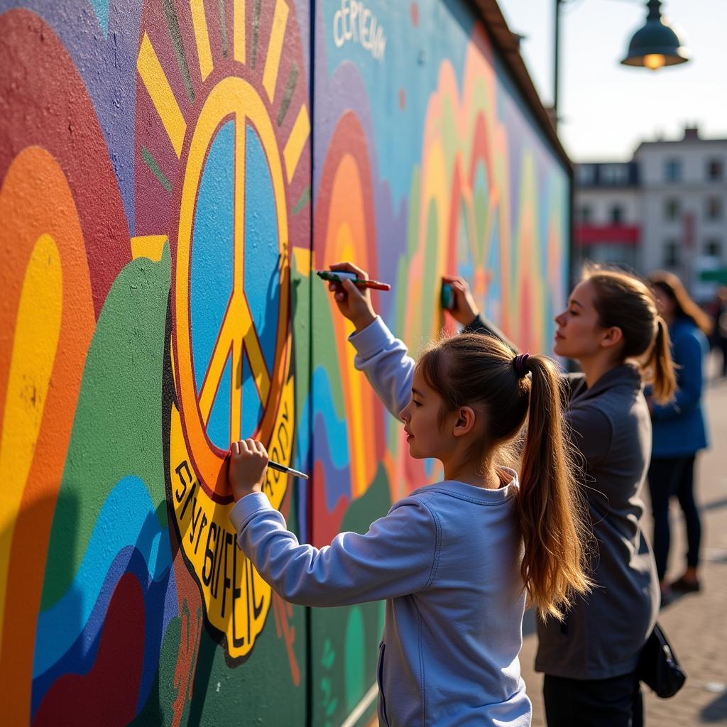 A group of diverse volunteers painting a colorful peace mural on a community center wall