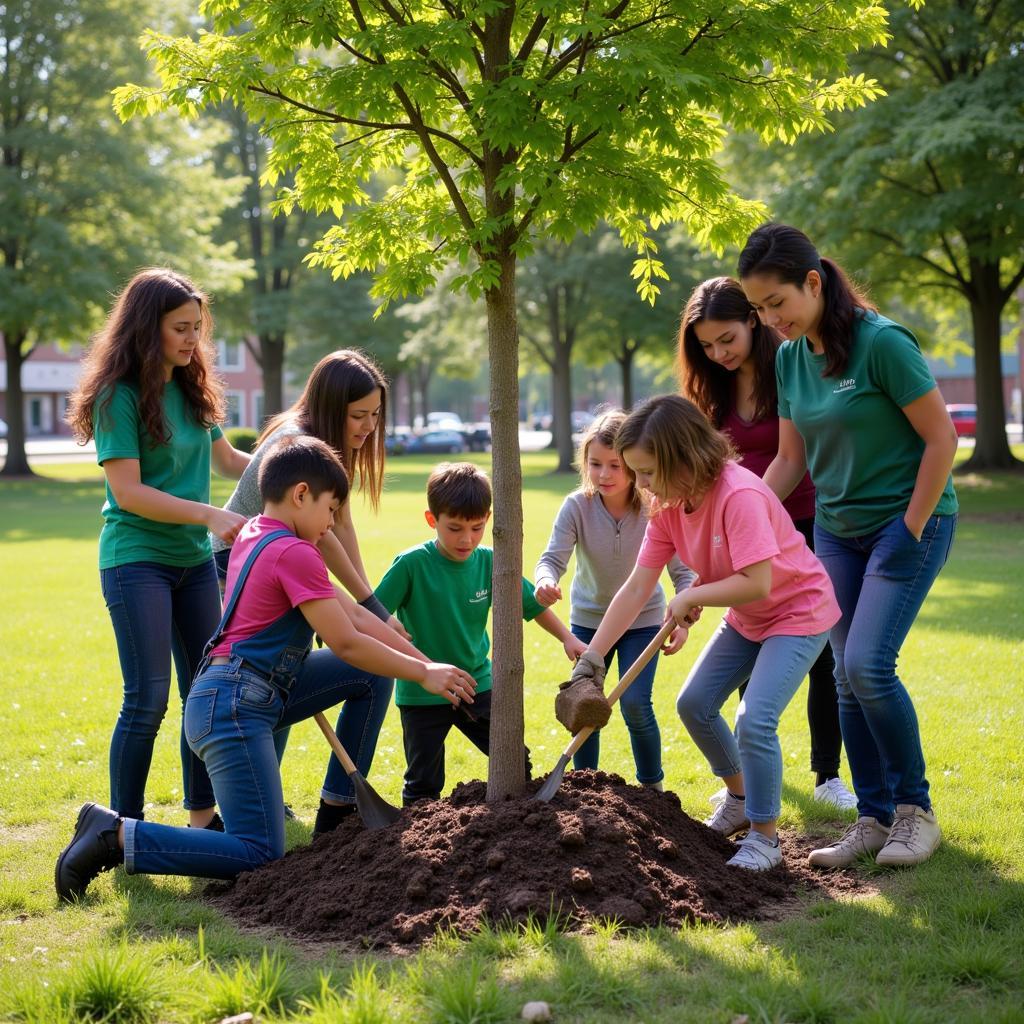 Community members of all ages work together to plant trees in a local park 