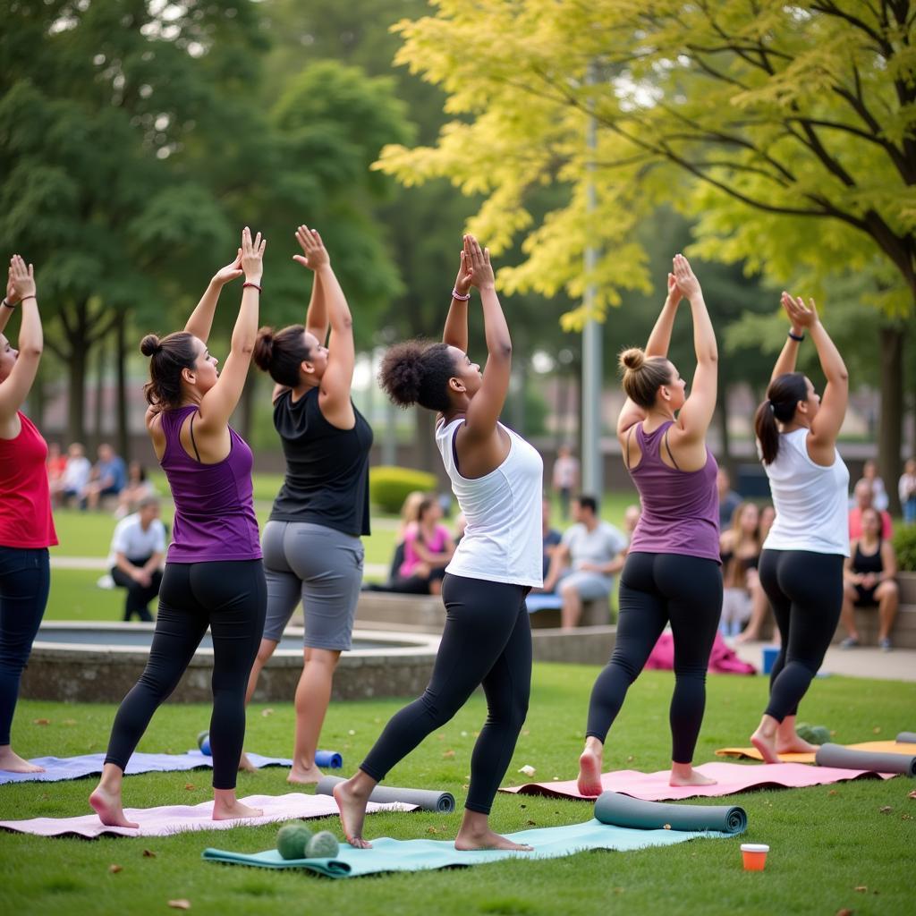 Diverse group practicing yoga in a park