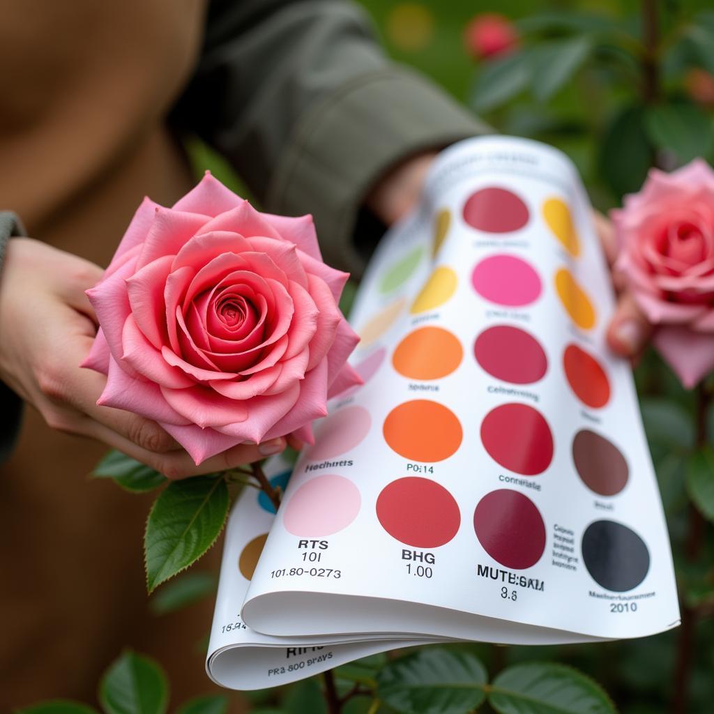  A gardener using the RHS Colour Chart to identify the precise colour of a rose in full bloom