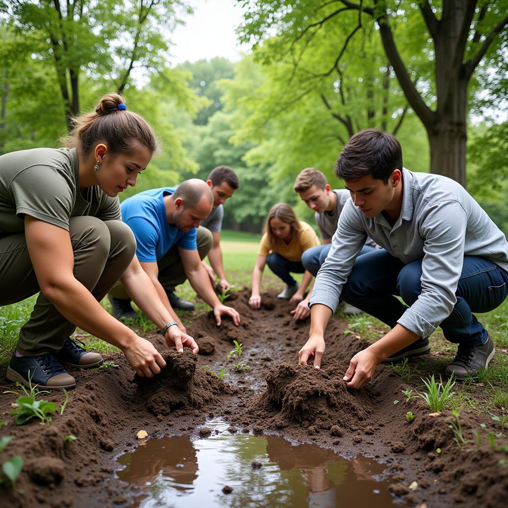 Volunteers working together on a conservation project at a Concord NH Audubon Society event