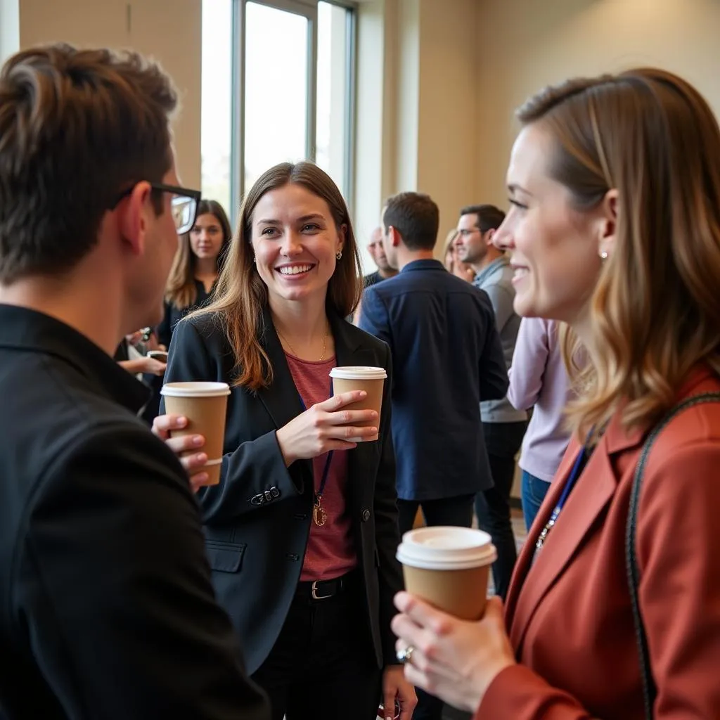 Conference attendees networking during a break.