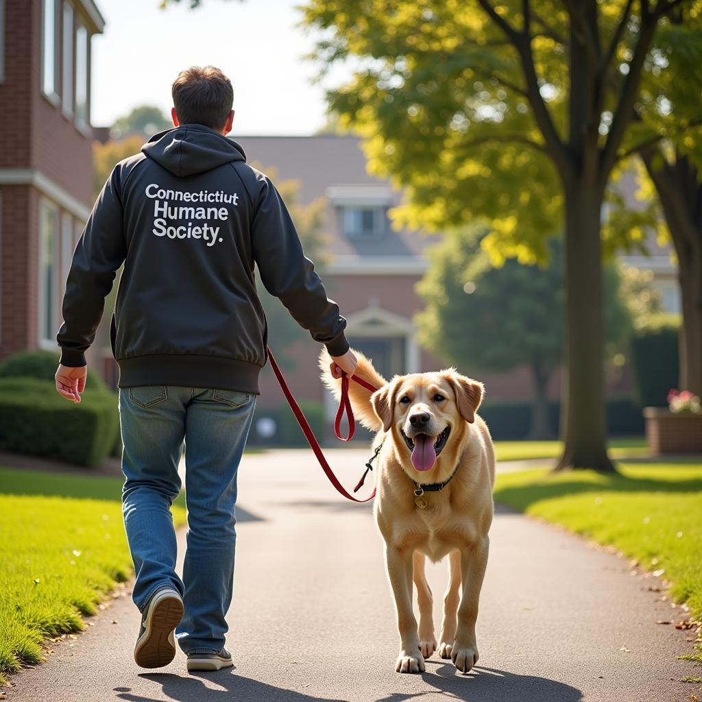 Connecticut Humane Society volunteer walking dog