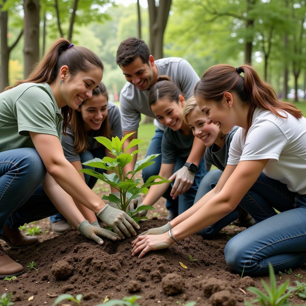 Volunteers planting trees in a park