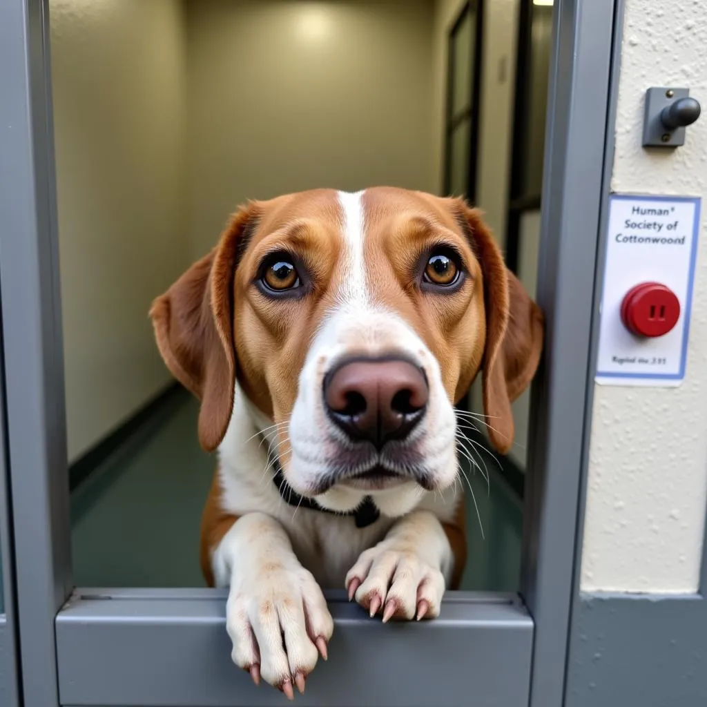 Dog peering out from a kennel at the Humane Society