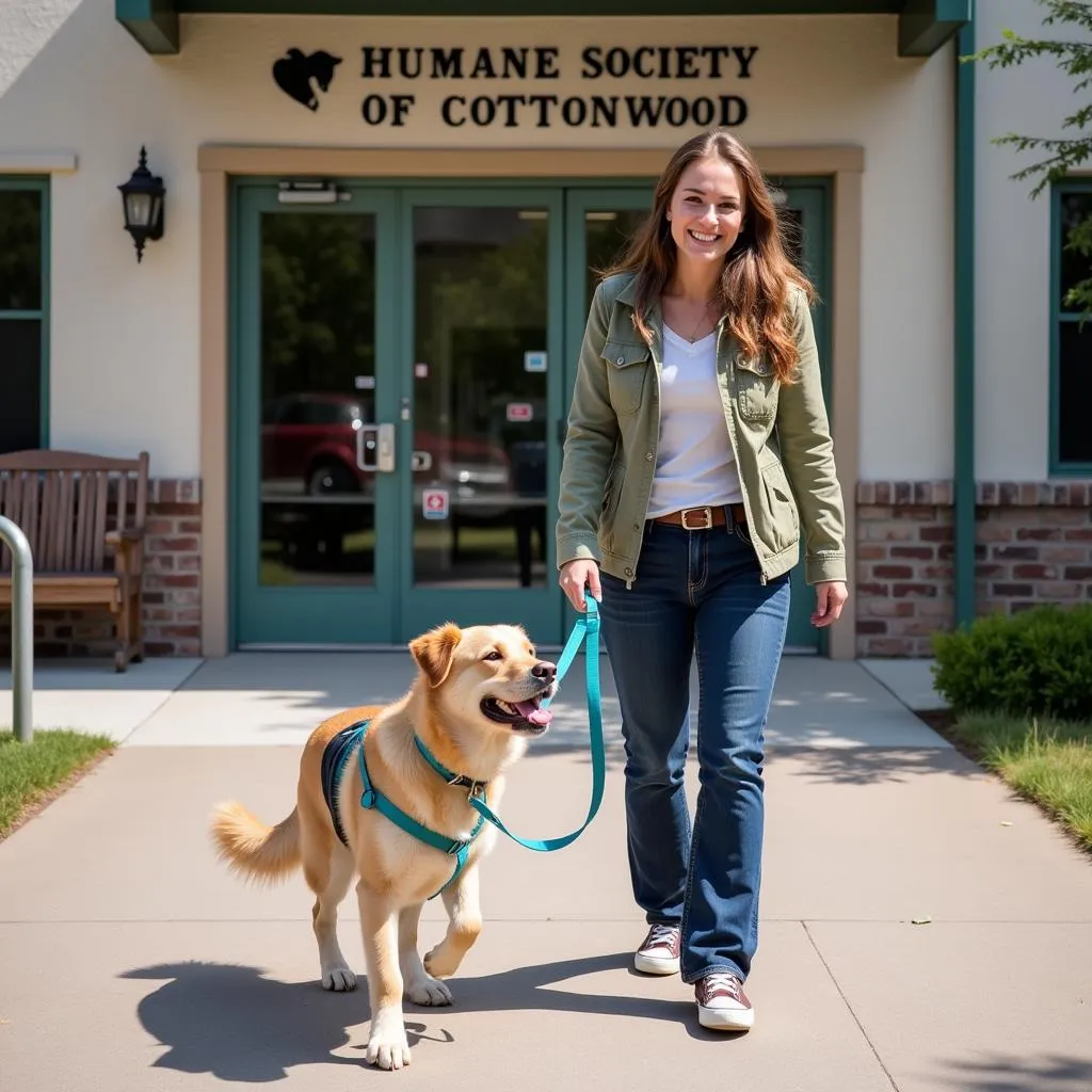 Volunteer walking a happy dog at the Humane Society