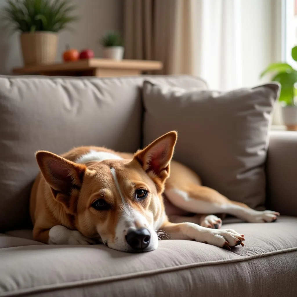 Happy adopted dog relaxing on a couch in its new home