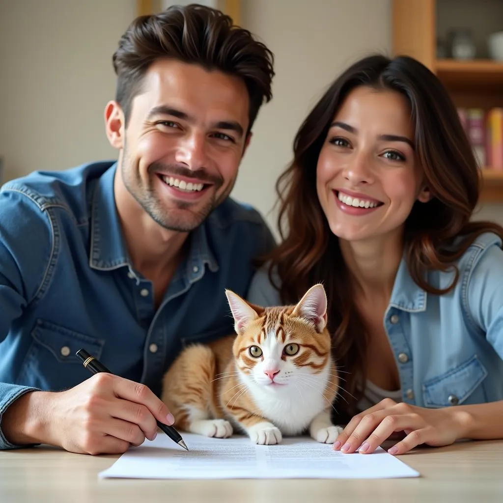 Couple signing Coulee Region Humane Society adoption paperwork for a cat