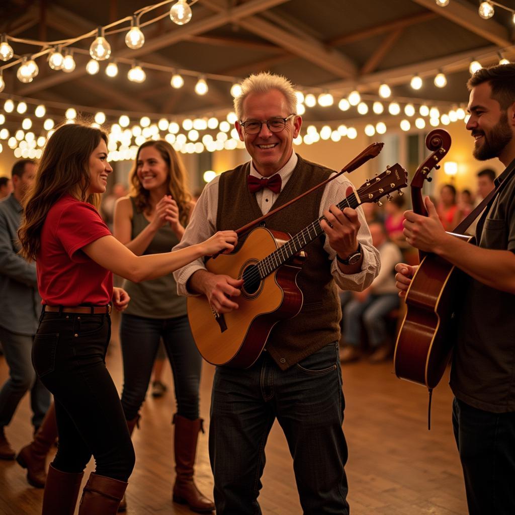 Group of people dancing and playing instruments at a country dance and song society gathering