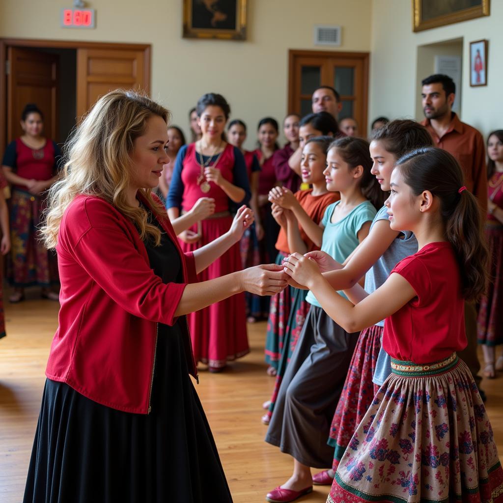 People learning a traditional dance step by step in a country dance and song society workshop