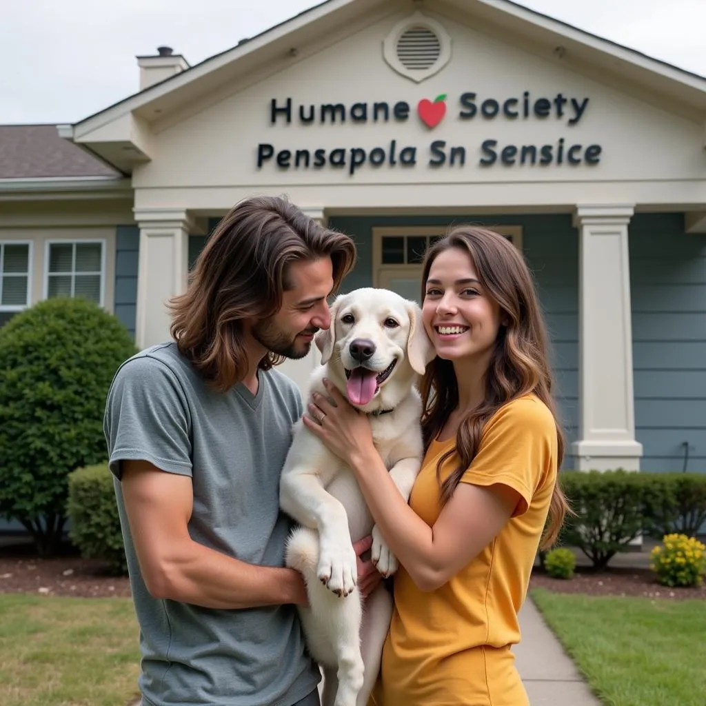 Couple smiling holding a small dog at the Humane Society Pensacola