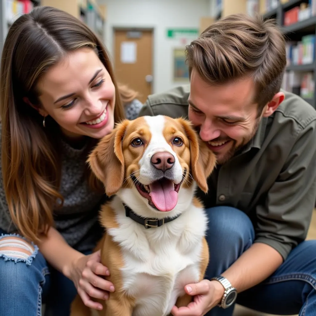 Couple smiling while petting a dog at Humane Society Robinson IL