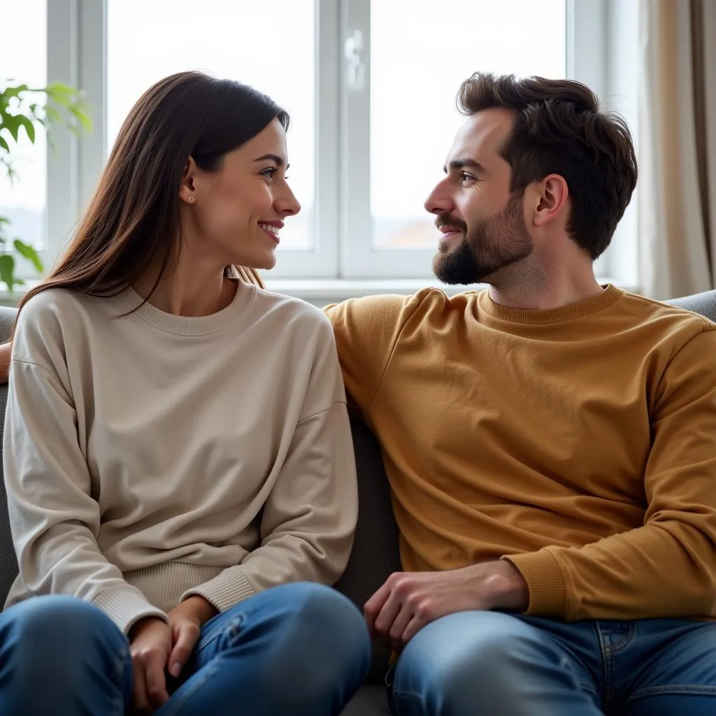 Couple having a heart-to-heart conversation on the couch