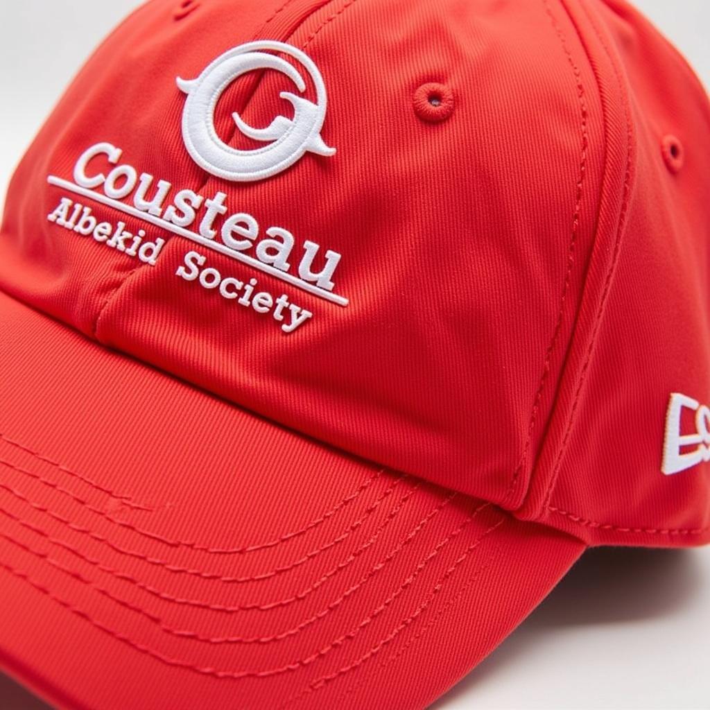 A close-up image of a Cousteau Society hat against a blue background