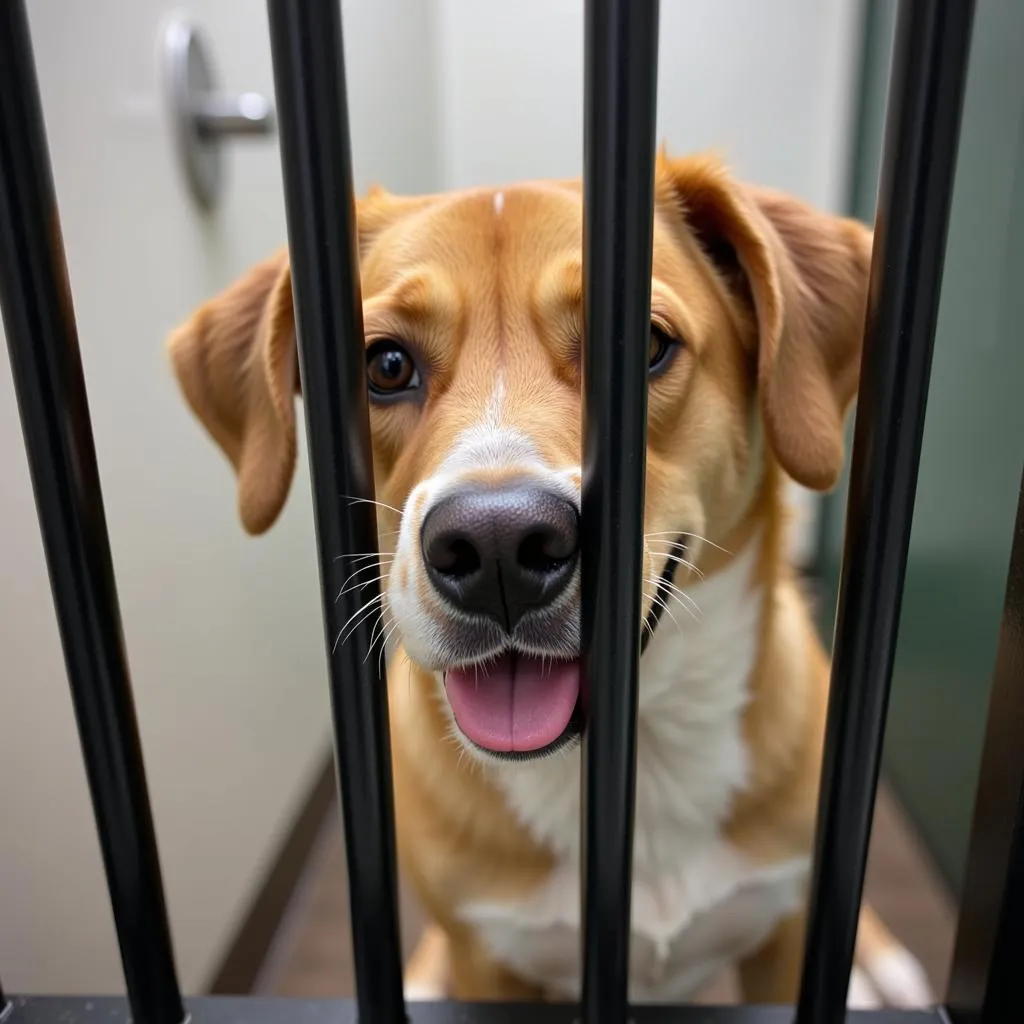 Dog peering out from kennel at Cowley County Humane Society