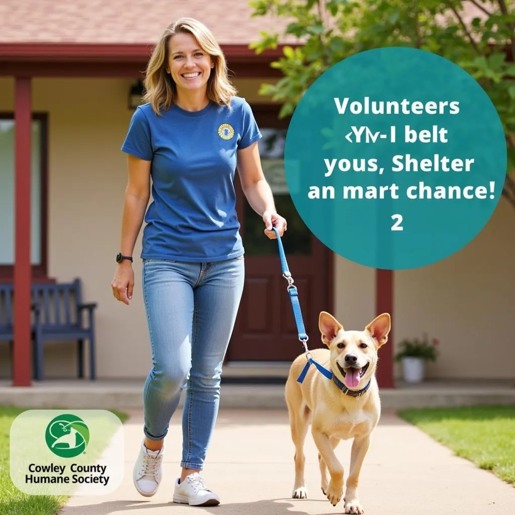 Volunteer walking a happy dog outside the shelter