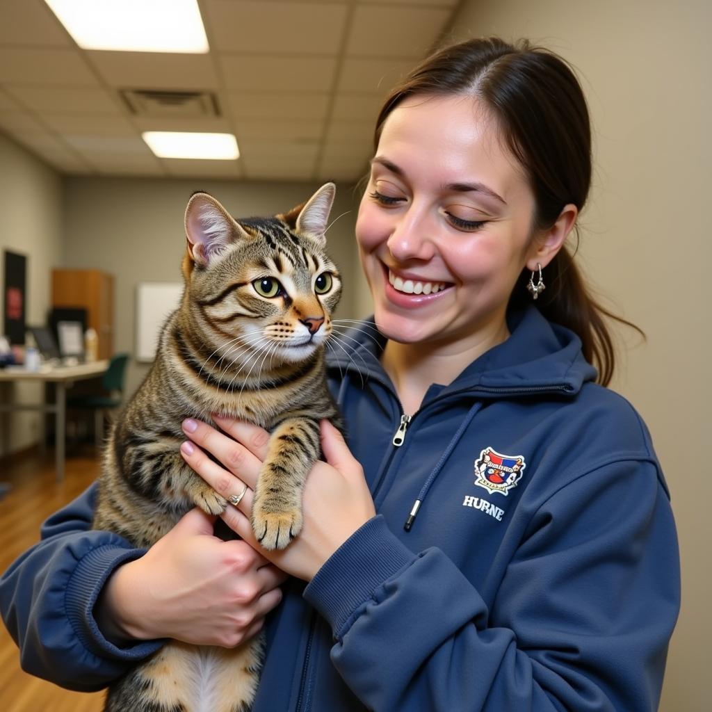 Volunteer cuddling rescued cat at Humane Society