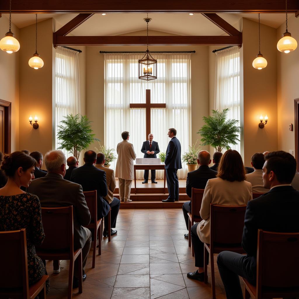 A serene memorial service held in a cremation society's chapel.