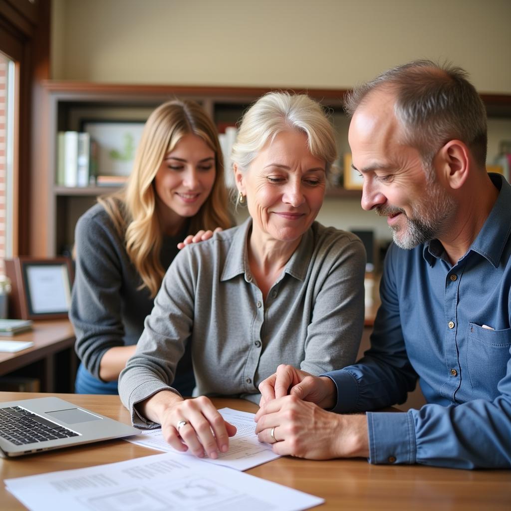 A couple meeting with a counselor to discuss pre-need cremation arrangements