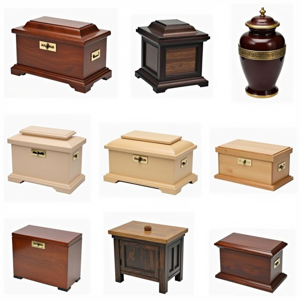 Various cremation urns displayed on a shelf.