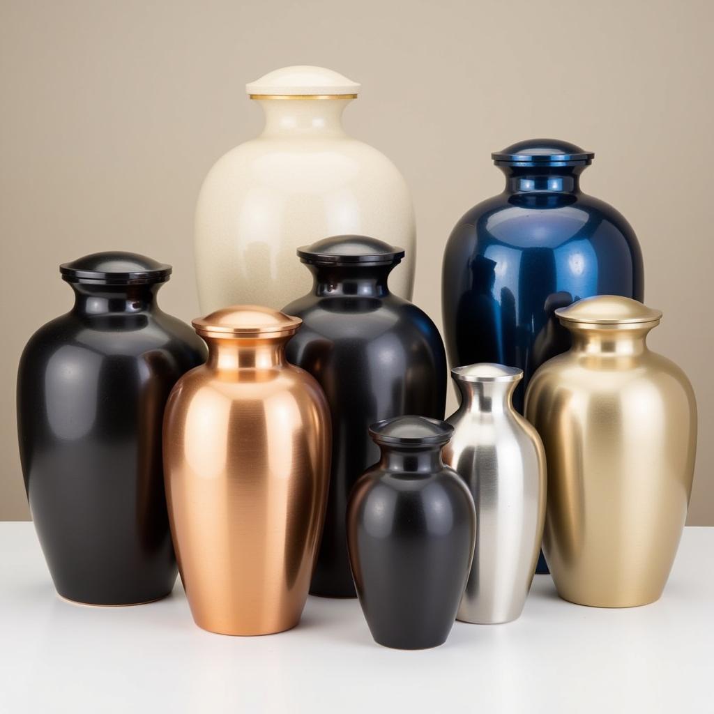 Various Cremation Urns Displayed on a Shelf