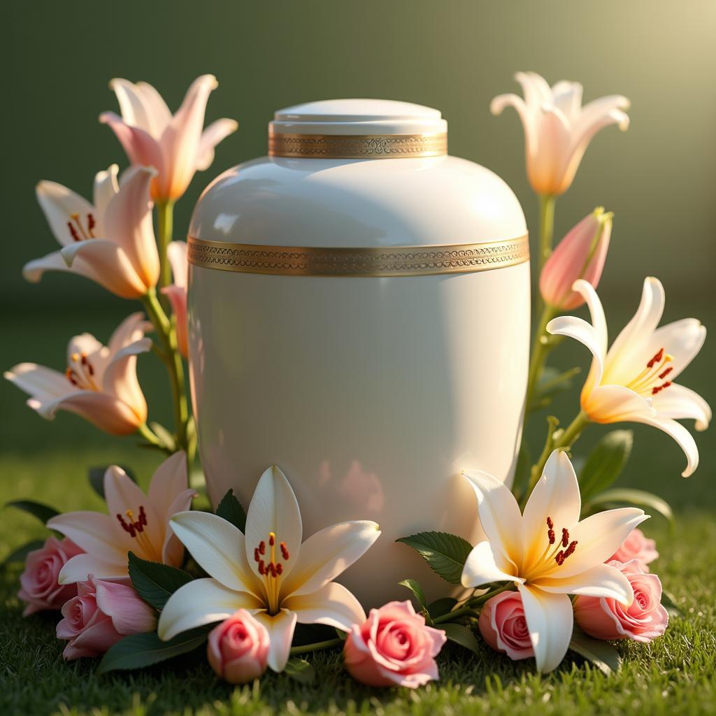 Peaceful cremation urn adorned with flowers.