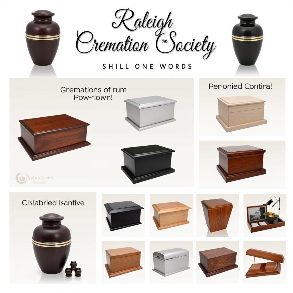 A variety of cremation urns and keepsakes displayed on a shelf.