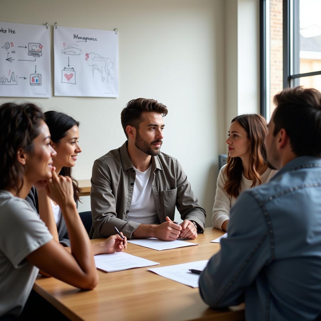 A group of people engaged in a thoughtful discussion, analyzing information and perspectives