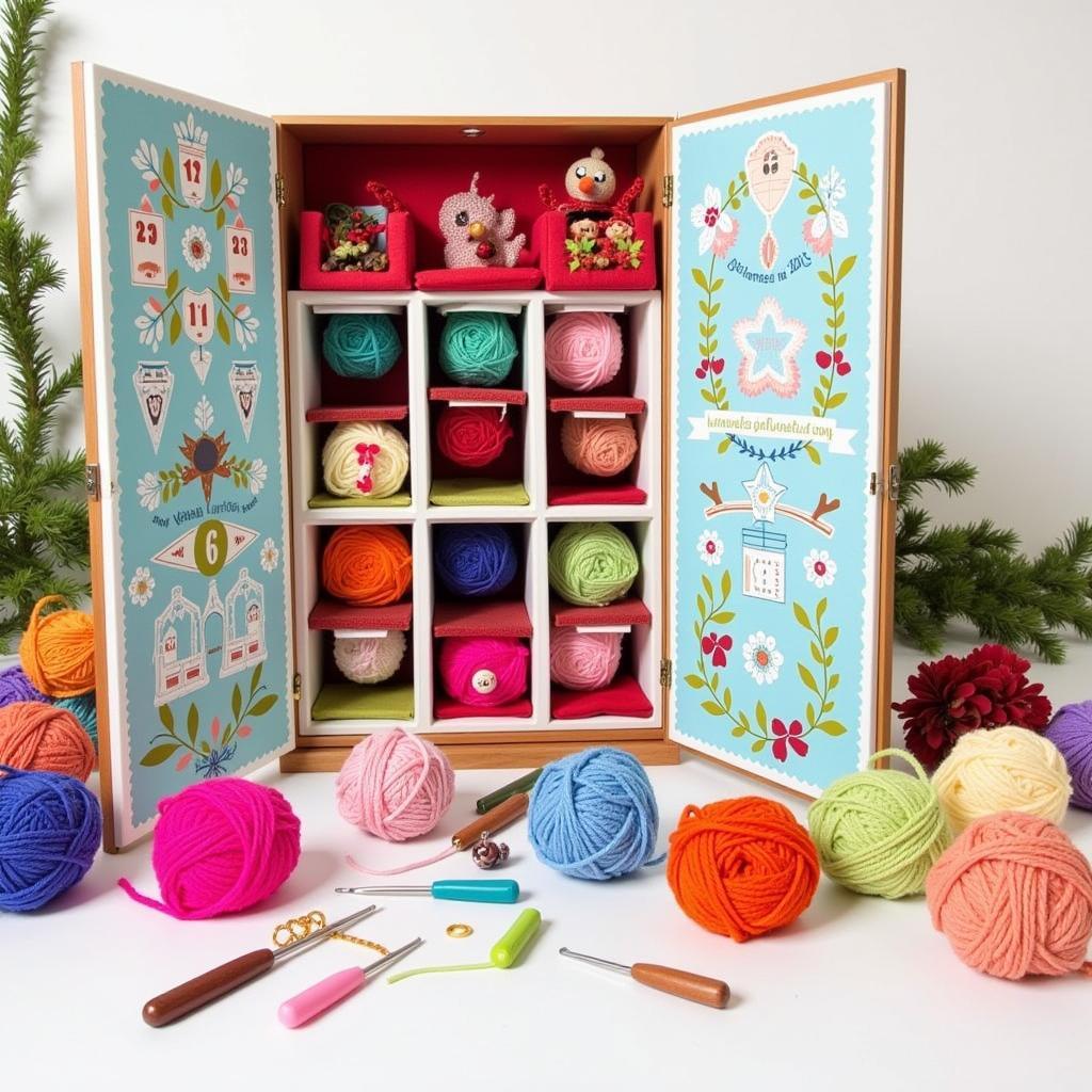 A woman excitedly unboxing a crochet advent calendar filled with colorful yarns and patterns.