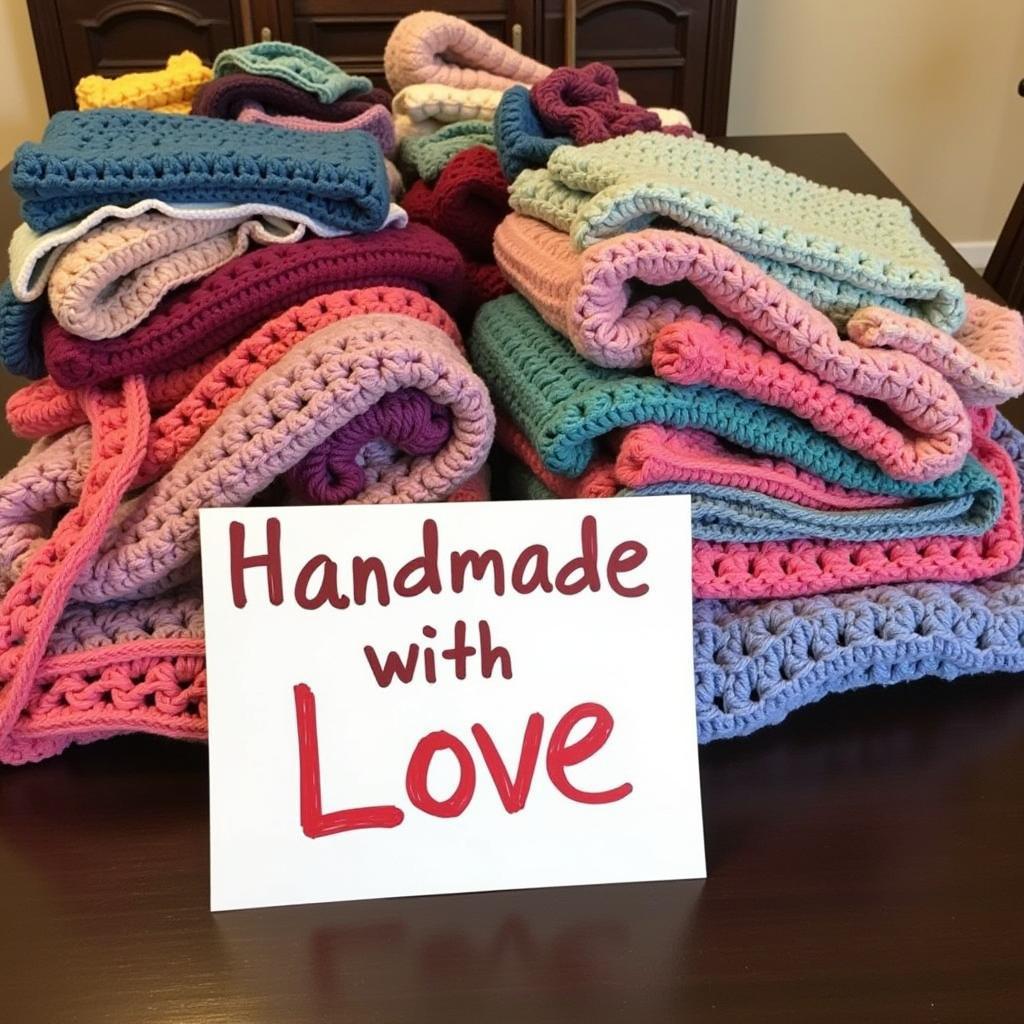 Crocheted blankets piled for charity project