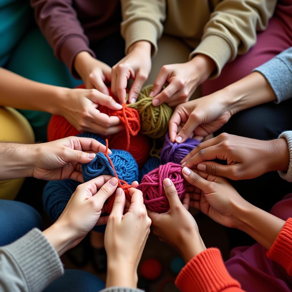 Diverse hands crocheting in a circle