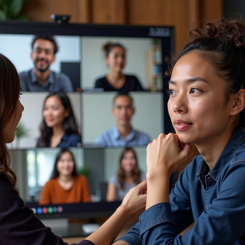 People from different cultures engaging in respectful online dialogue.