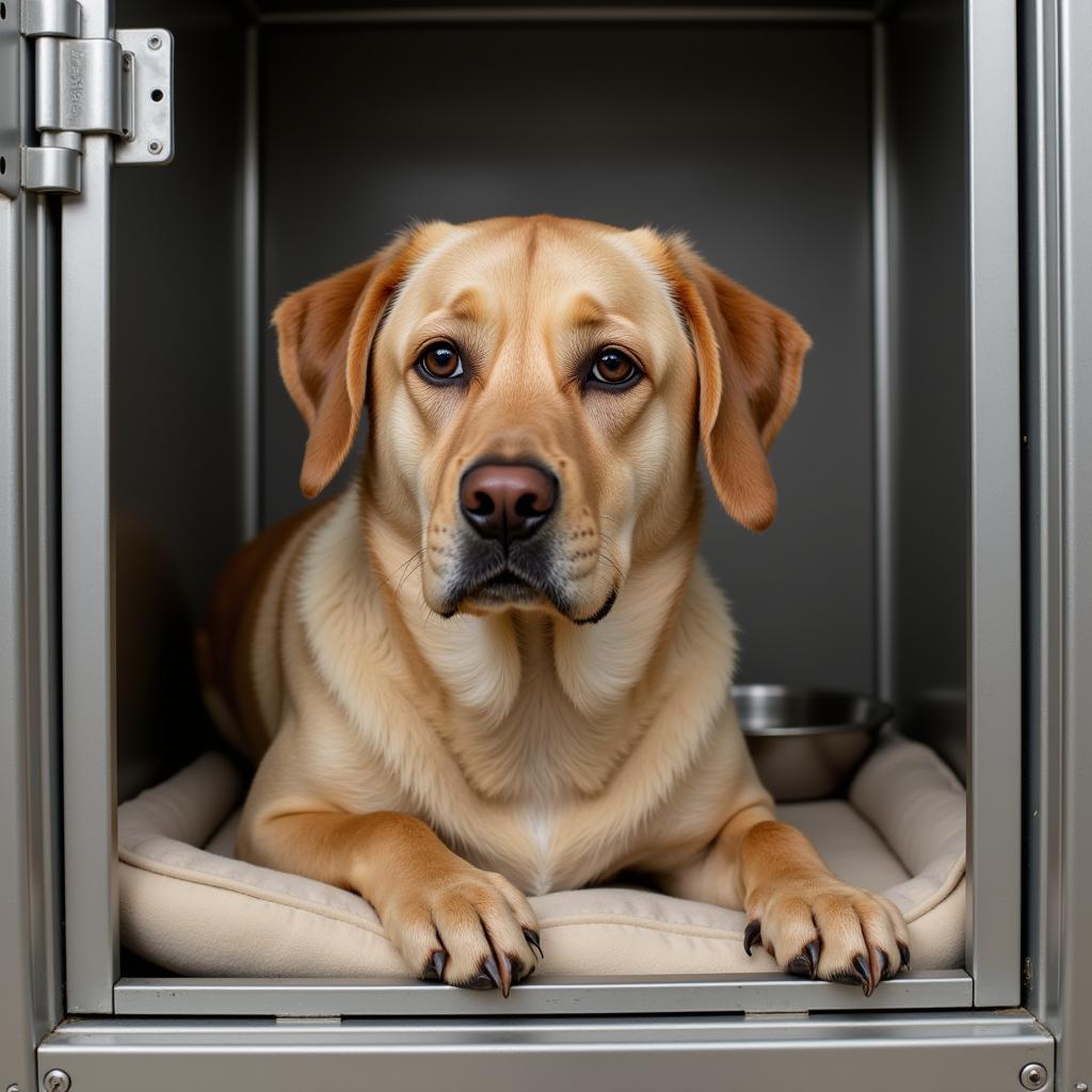 A dog patiently waits in a clean and spacious kennel at the Cullman Humane Society