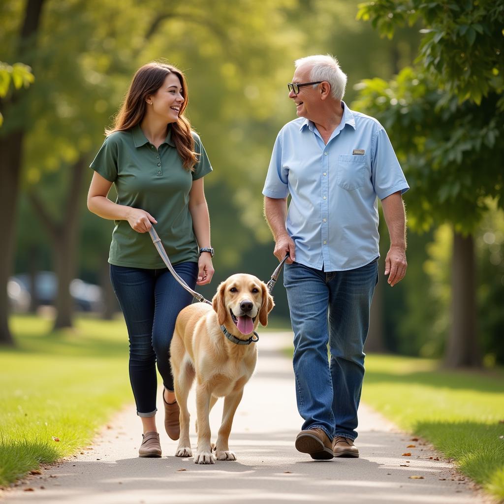 A volunteer enjoys a walk with a happy dog from the Cullman Humane Society