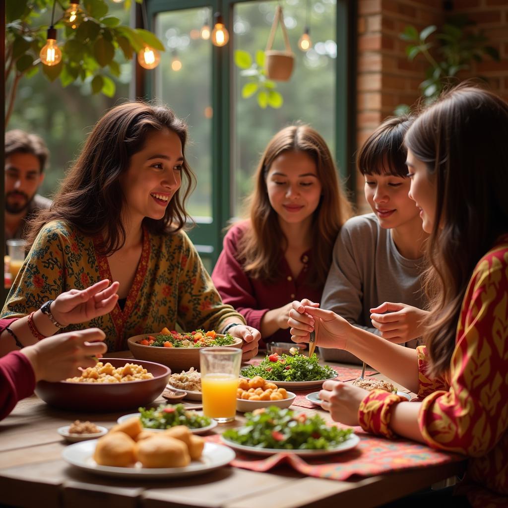 People from different cultures sharing food and music