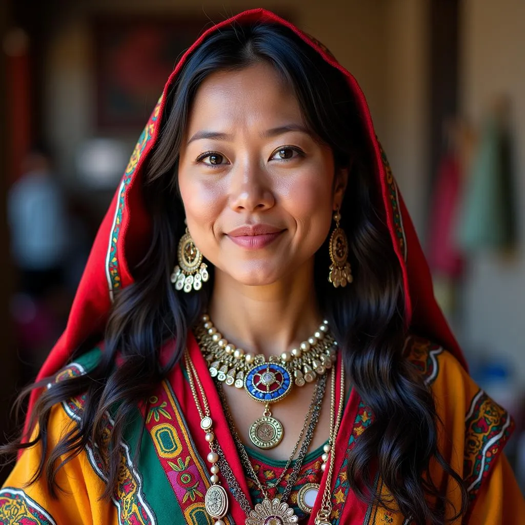 A woman wearing traditional clothing and jewelry