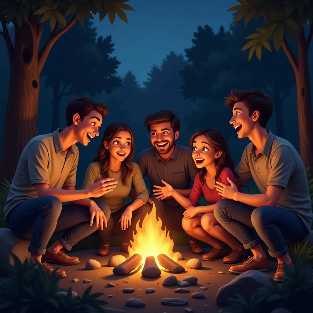 A group of people gathered around a campfire, sharing stories and laughter