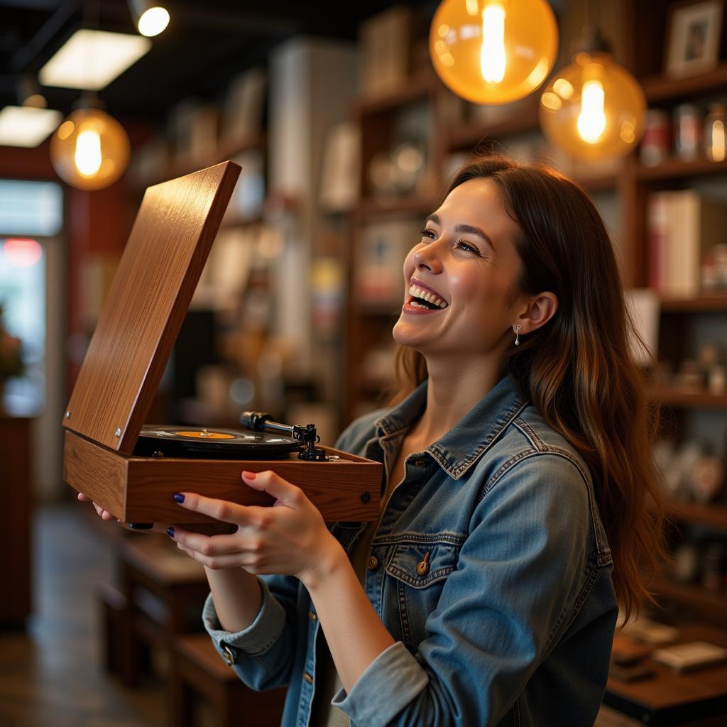 A customer excitedly holds up a vintage record player found at the thrift store.