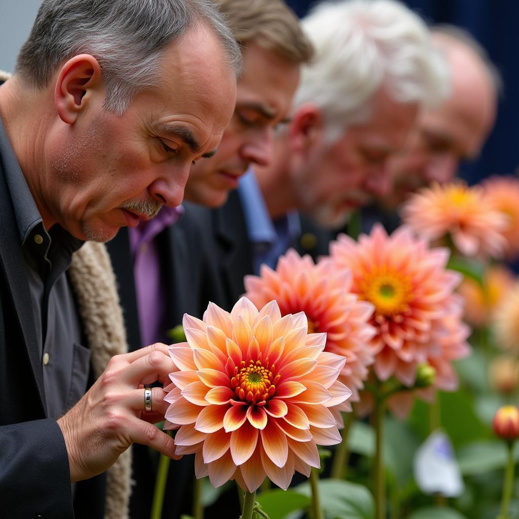 Judges carefully evaluating dahlias at the American Dahlia Society National Show