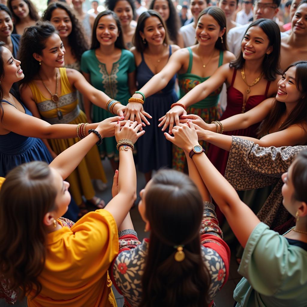 People from diverse cultures dancing together in a circle