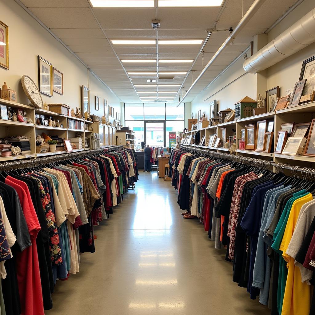 Spacious and inviting thrift store interior with organized racks of clothing, housewares, and more.