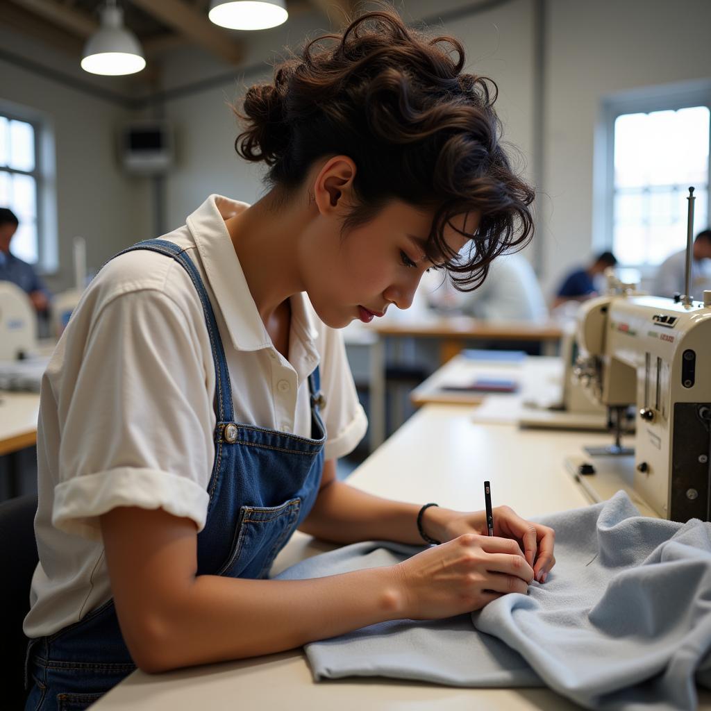 A person sewing clothing in a bright and airy workshop